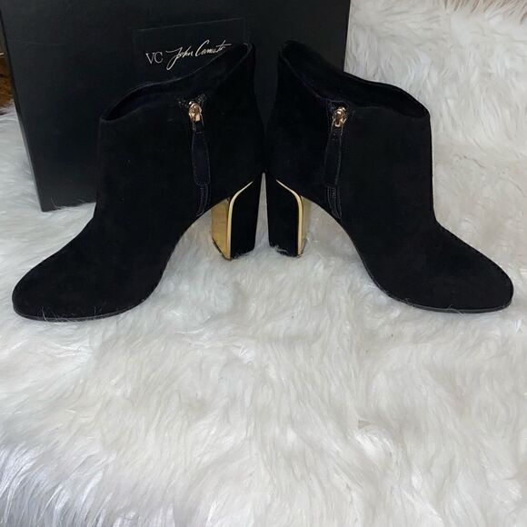 VC John Camuto Black True Suede Booties with Gold Trim - Picture 4 of 14